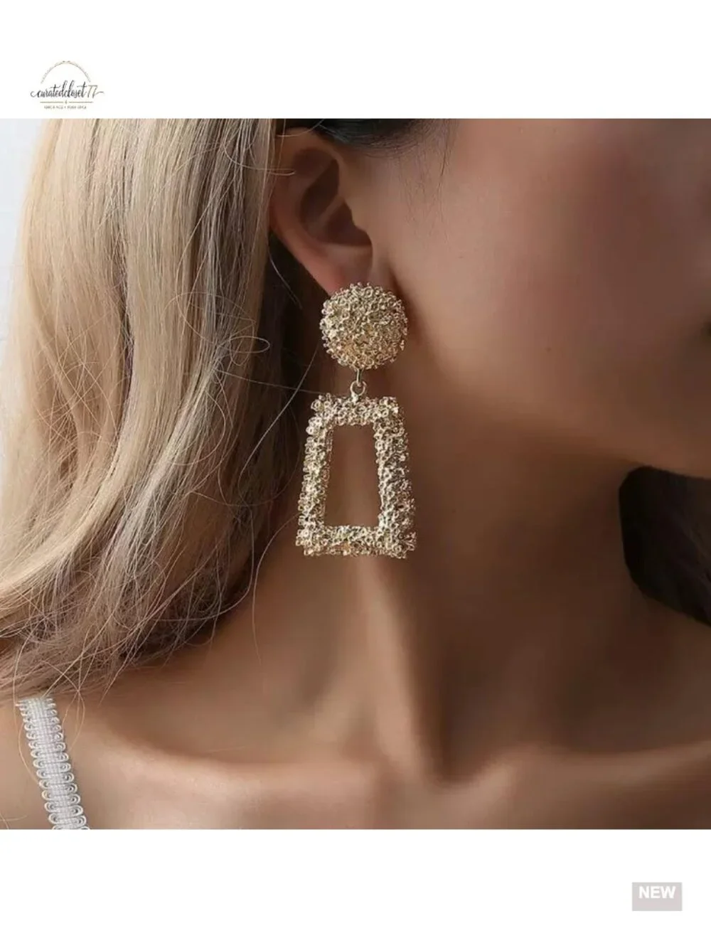 Matte Gold Trapezoid Dangle Earrings - Textured Relief Geometric Statement Drop